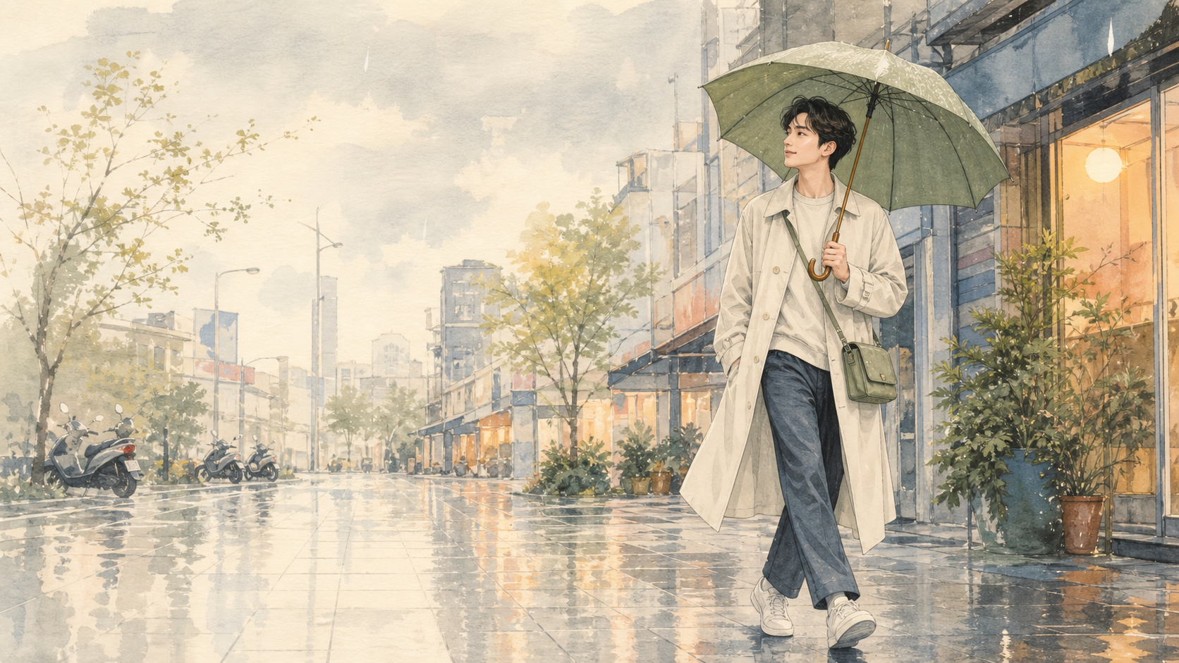 手繪風格人物在台北雨天撐傘散步